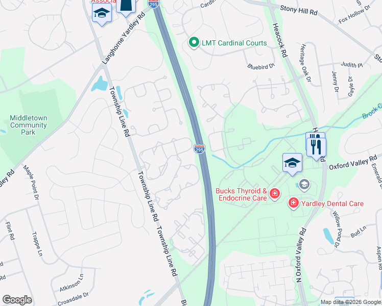 map of restaurants, bars, coffee shops, grocery stores, and more near 2402 Waterford Road in Yardley