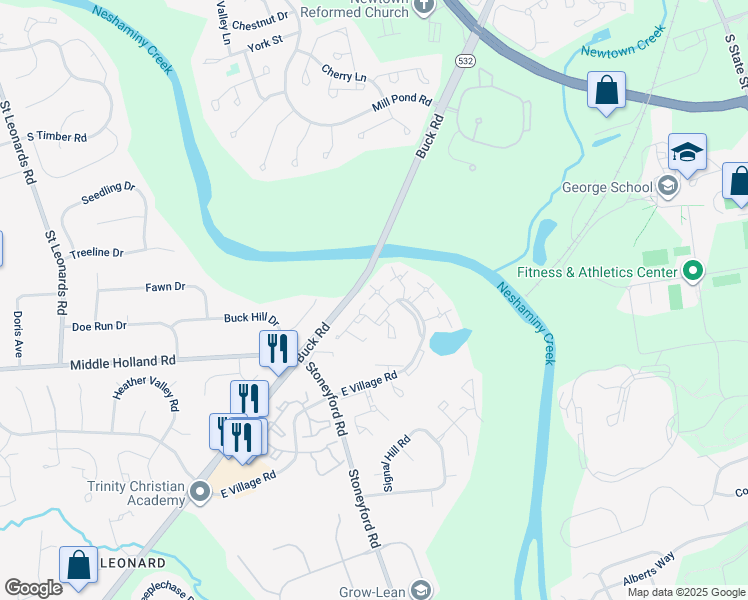 map of restaurants, bars, coffee shops, grocery stores, and more near 2172A Henley Commons Drive in Bucks County