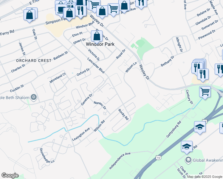 map of restaurants, bars, coffee shops, grocery stores, and more near 1076 Lancaster Boulevard in Mechanicsburg