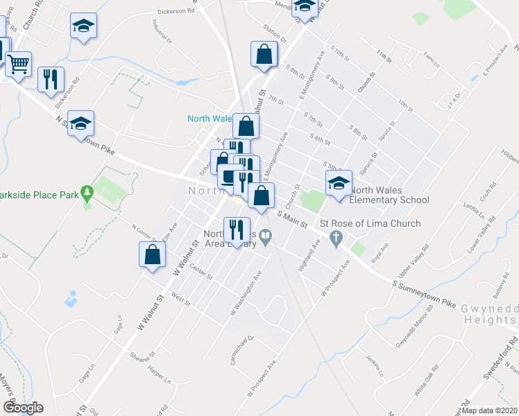 map of restaurants, bars, coffee shops, grocery stores, and more near 146 South Main Street in North Wales