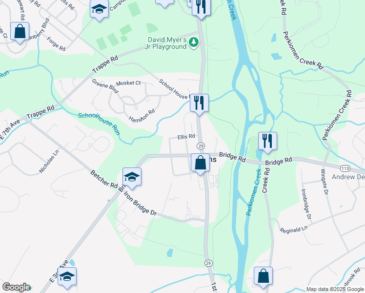 map of restaurants, bars, coffee shops, grocery stores, and more near 290 Centennial Street in Collegeville