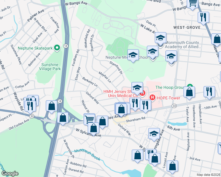 map of restaurants, bars, coffee shops, grocery stores, and more near 500 Mayfair Lane in Neptune City