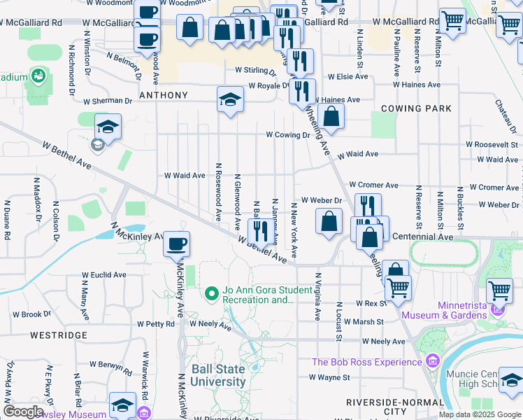 map of restaurants, bars, coffee shops, grocery stores, and more near 1410 West Bowman Street in Muncie