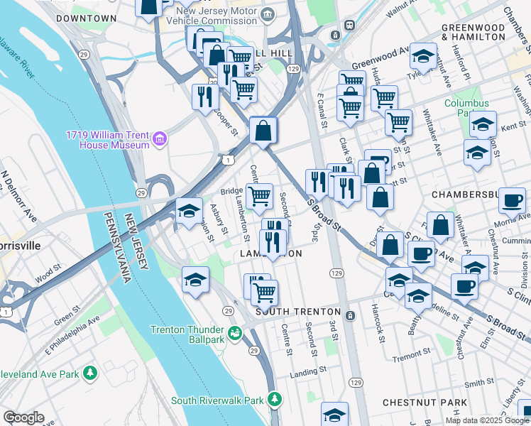 map of restaurants, bars, coffee shops, grocery stores, and more near 223 Centre Street in Trenton