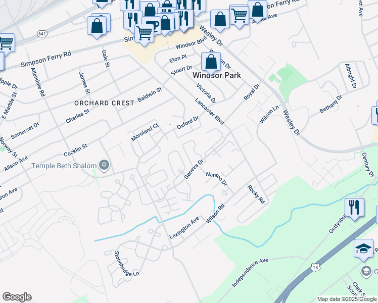 map of restaurants, bars, coffee shops, grocery stores, and more near 593 Geneva Drive in Mechanicsburg