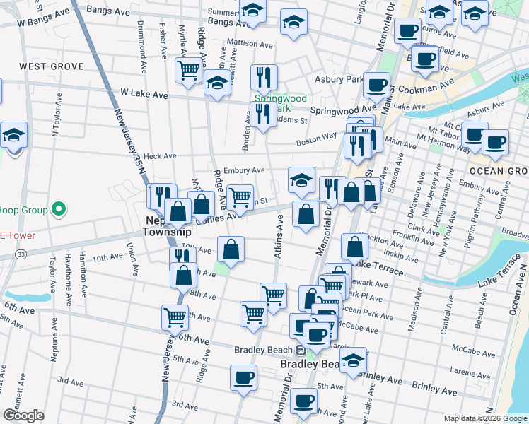 map of restaurants, bars, coffee shops, grocery stores, and more near 1214 Corlies Ave in Neptune Township