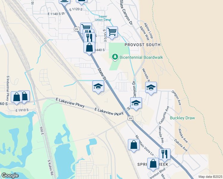 map of restaurants, bars, coffee shops, grocery stores, and more near 1705 South State Street in Provo