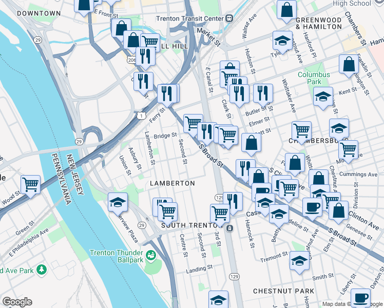 map of restaurants, bars, coffee shops, grocery stores, and more near 220 Furman Street in Trenton