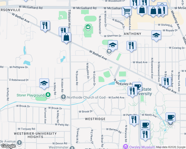 map of restaurants, bars, coffee shops, grocery stores, and more near 1911 North Colson Drive in Muncie