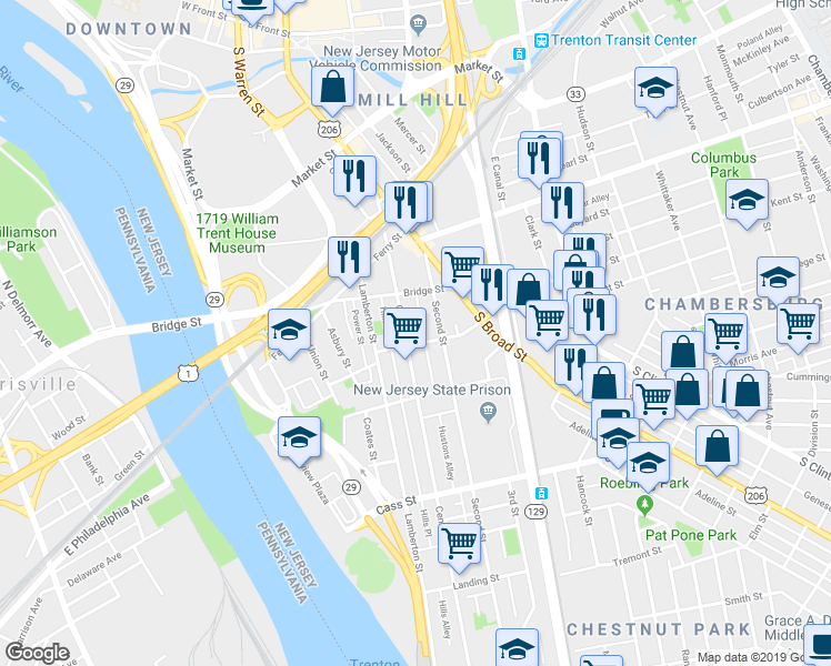 map of restaurants, bars, coffee shops, grocery stores, and more near 127 Second Street in Trenton