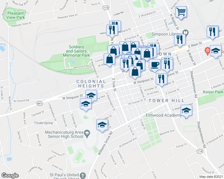 map of restaurants, bars, coffee shops, grocery stores, and more near 240 West Simpson Street in Mechanicsburg
