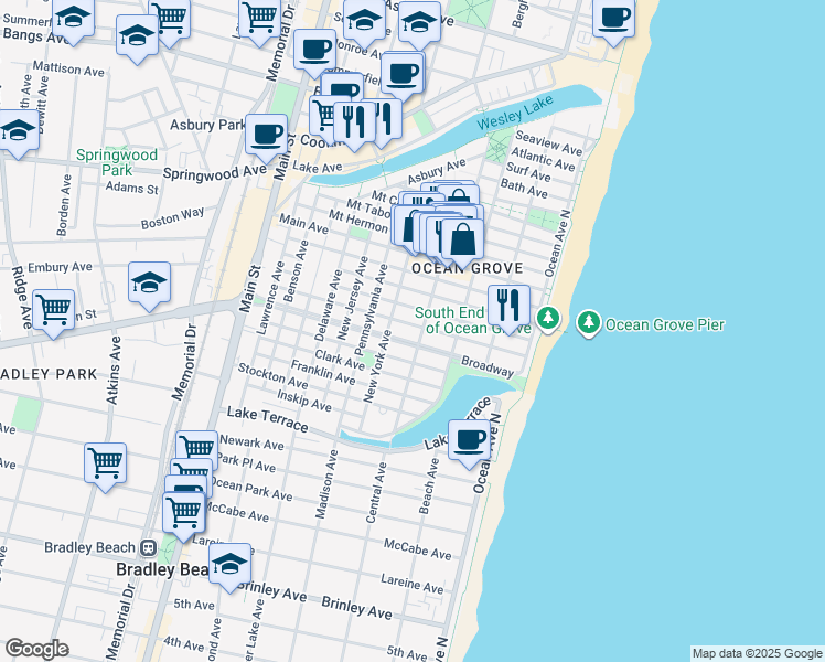 map of restaurants, bars, coffee shops, grocery stores, and more near 63 Abbott Avenue in Neptune Township