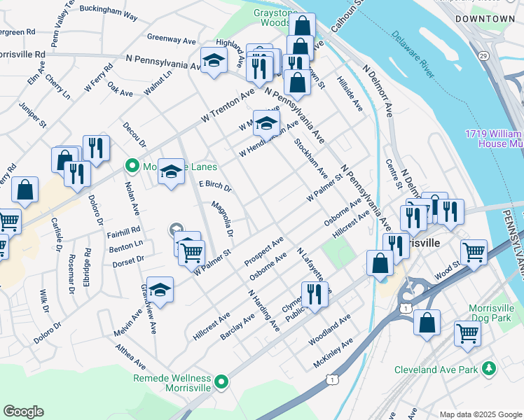 map of restaurants, bars, coffee shops, grocery stores, and more near 331 North Lafayette Avenue in Morrisville