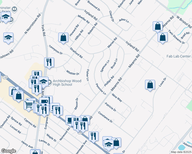 map of restaurants, bars, coffee shops, grocery stores, and more near 519 Penrose Lane in Warminster