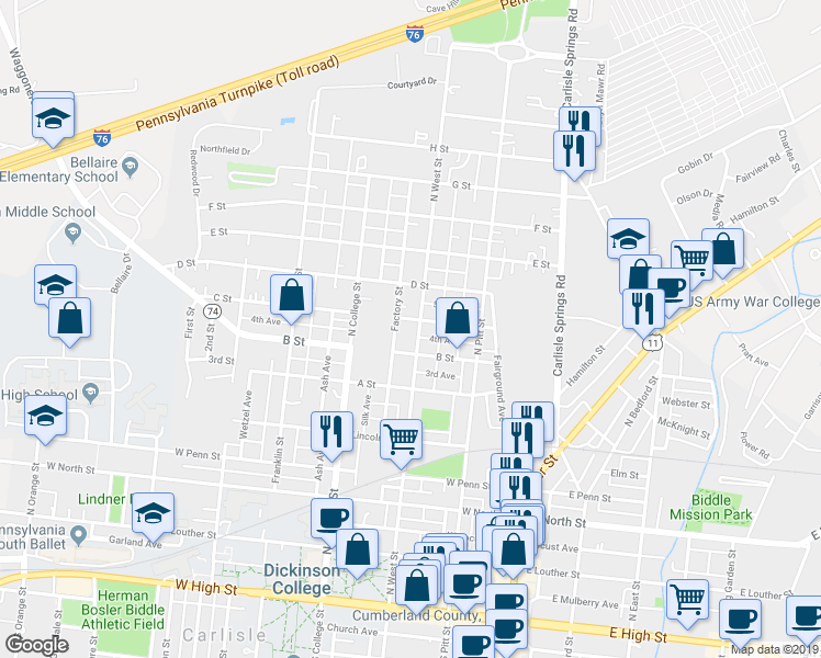 map of restaurants, bars, coffee shops, grocery stores, and more near 636 North West Street in Carlisle
