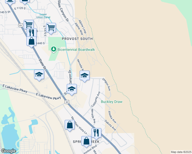 map of restaurants, bars, coffee shops, grocery stores, and more near 1991 Oregon Avenue in Provo