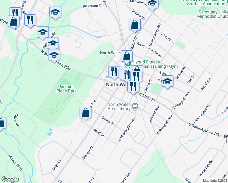 map of restaurants, bars, coffee shops, grocery stores, and more near 126 West Walnut Street in North Wales