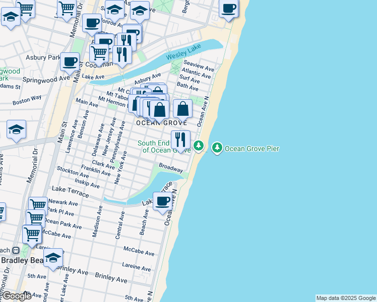 map of restaurants, bars, coffee shops, grocery stores, and more near 22 Ocean Avenue in Neptune Township