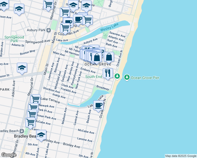 map of restaurants, bars, coffee shops, grocery stores, and more near 44 Webb Avenue in Neptune Township