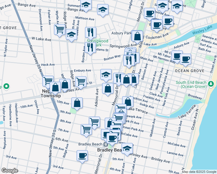 map of restaurants, bars, coffee shops, grocery stores, and more near 1126 Corlies Avenue in Neptune City