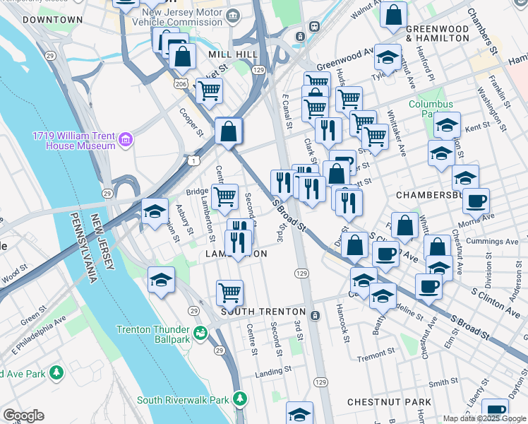 map of restaurants, bars, coffee shops, grocery stores, and more near 557 South Broad Street in Trenton