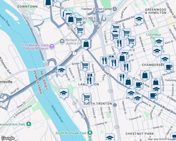 map of restaurants, bars, coffee shops, grocery stores, and more near 127 Second Street in Trenton