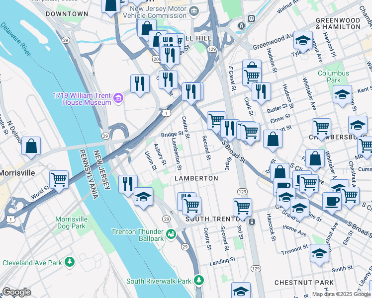 map of restaurants, bars, coffee shops, grocery stores, and more near 223 Centre Street in Trenton