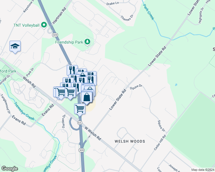 map of restaurants, bars, coffee shops, grocery stores, and more near 700 Lower State Road in North Wales