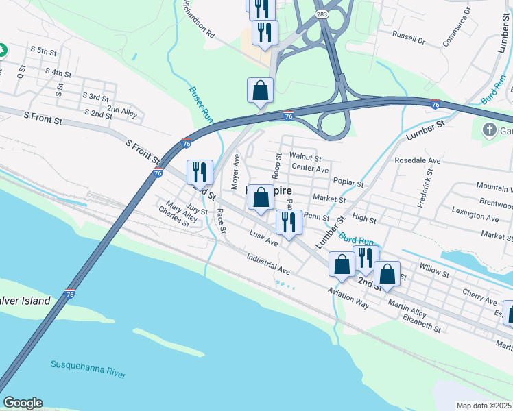 map of restaurants, bars, coffee shops, grocery stores, and more near 18 Vine Street in Highspire