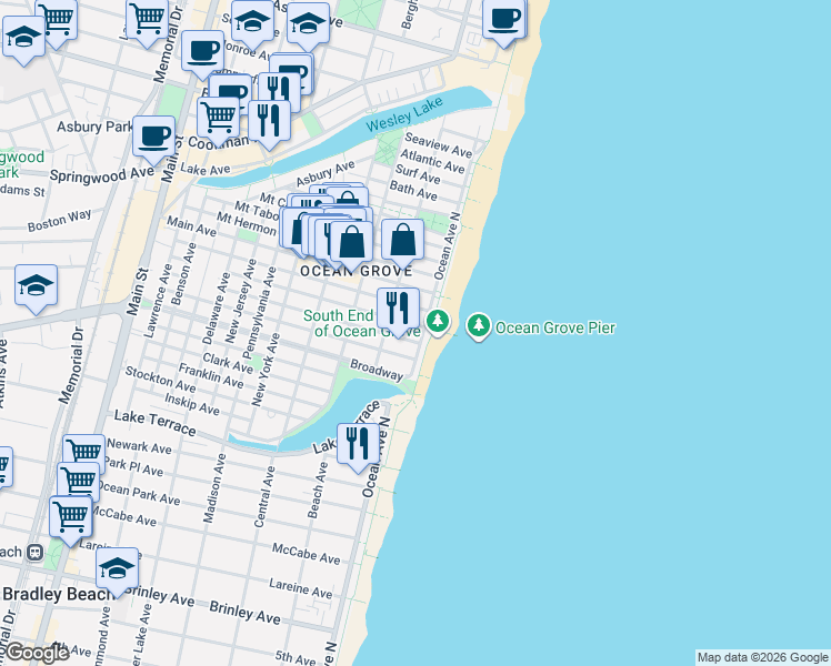 map of restaurants, bars, coffee shops, grocery stores, and more near 22 Ocean Avenue in Neptune Township