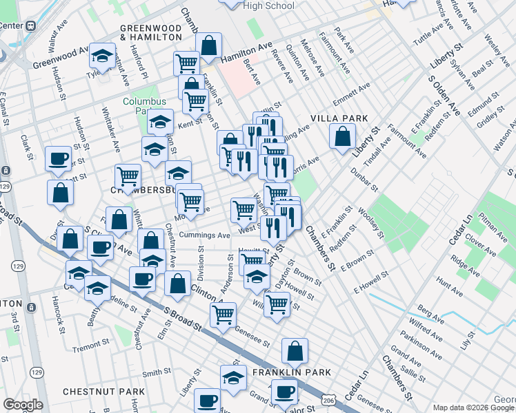 map of restaurants, bars, coffee shops, grocery stores, and more near 282 Ashmore Avenue in Trenton