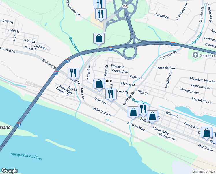 map of restaurants, bars, coffee shops, grocery stores, and more near 233 Market Street in Highspire