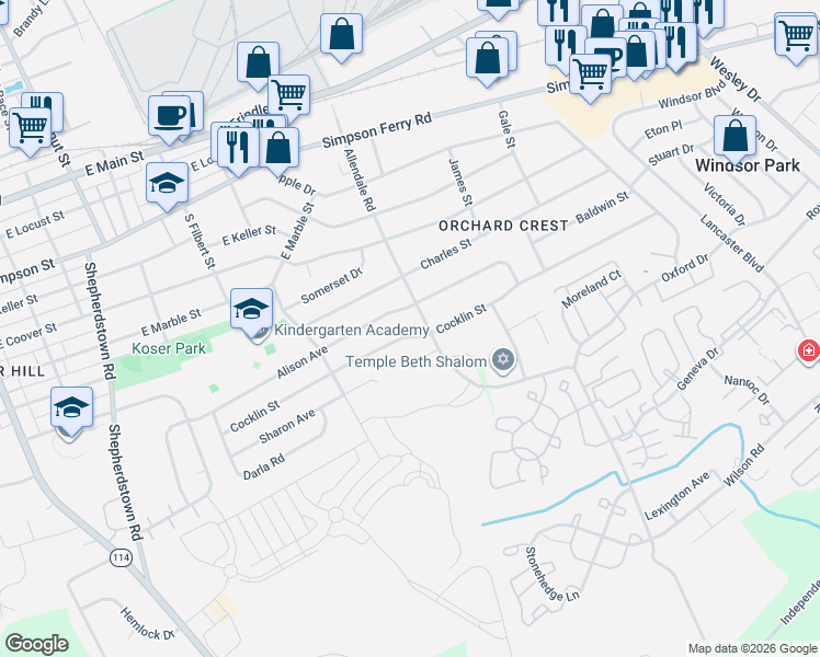 map of restaurants, bars, coffee shops, grocery stores, and more near 714 Allendale Road in Mechanicsburg