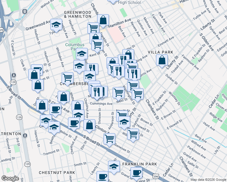 map of restaurants, bars, coffee shops, grocery stores, and more near 314 Morris Avenue in Trenton