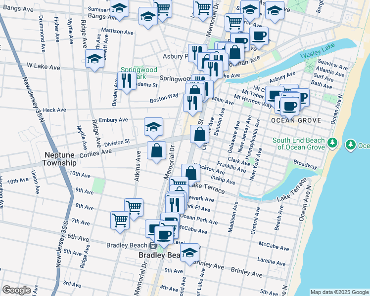 map of restaurants, bars, coffee shops, grocery stores, and more near 147 South Main Street in Neptune City
