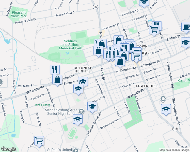 map of restaurants, bars, coffee shops, grocery stores, and more near 13 South Washington Street in Mechanicsburg