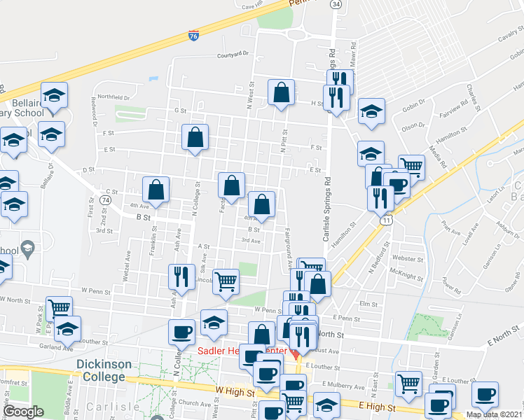 map of restaurants, bars, coffee shops, grocery stores, and more near 128 C Street in Carlisle