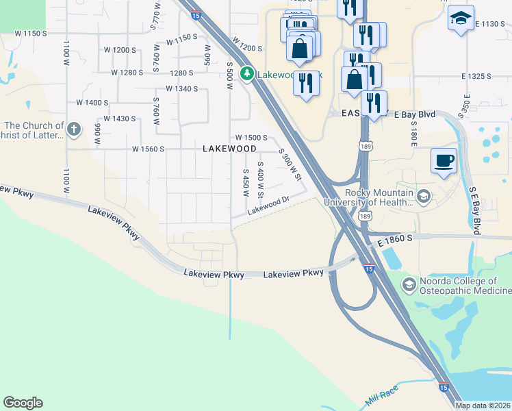 map of restaurants, bars, coffee shops, grocery stores, and more near 1694 South 400 West Street in Provo