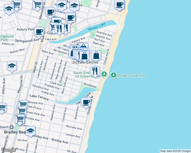 map of restaurants, bars, coffee shops, grocery stores, and more near 20 Embury Avenue in Neptune Township
