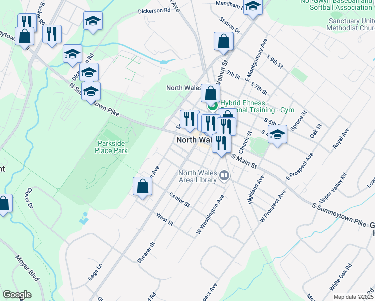 map of restaurants, bars, coffee shops, grocery stores, and more near 126 West Walnut Street in North Wales