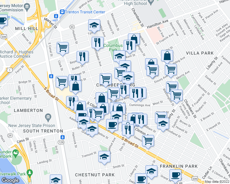 map of restaurants, bars, coffee shops, grocery stores, and more near 228 Emory Avenue in Trenton