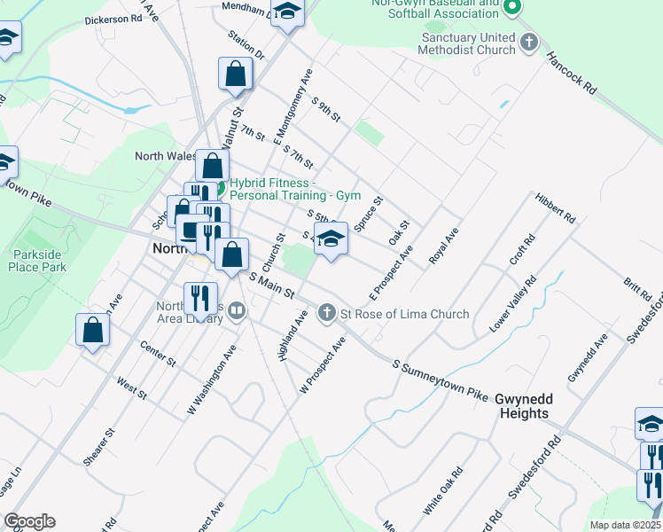 map of restaurants, bars, coffee shops, grocery stores, and more near 201 Summit Street in North Wales