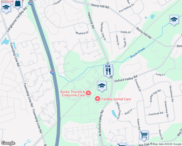 map of restaurants, bars, coffee shops, grocery stores, and more near 5403 Spruce Mill Drive in Yardley