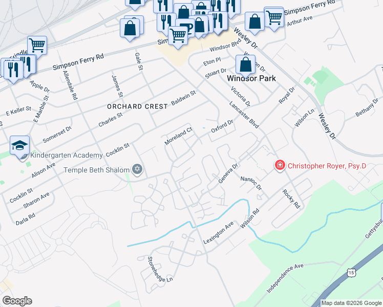 map of restaurants, bars, coffee shops, grocery stores, and more near 5410 Oxford Drive in Mechanicsburg