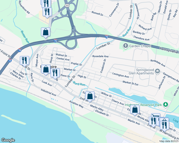 map of restaurants, bars, coffee shops, grocery stores, and more near 380 Market Street Extension in Highspire