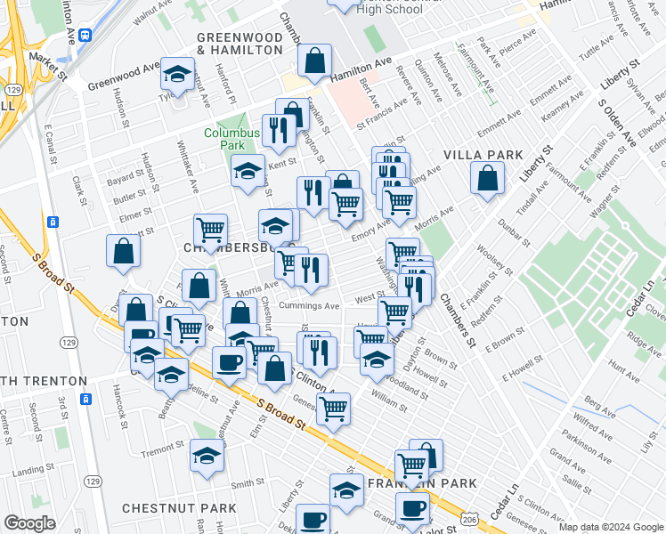 map of restaurants, bars, coffee shops, grocery stores, and more near 400 Anderson Street in Trenton