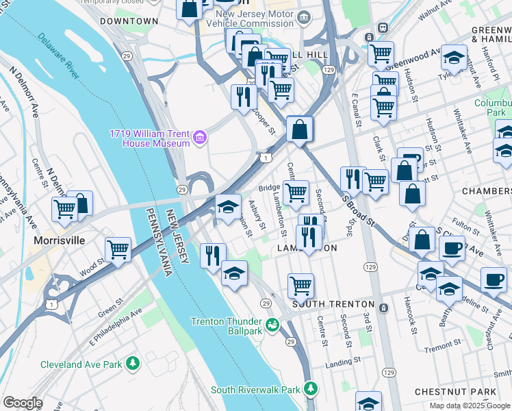 map of restaurants, bars, coffee shops, grocery stores, and more near 213 Ferry Street in Trenton