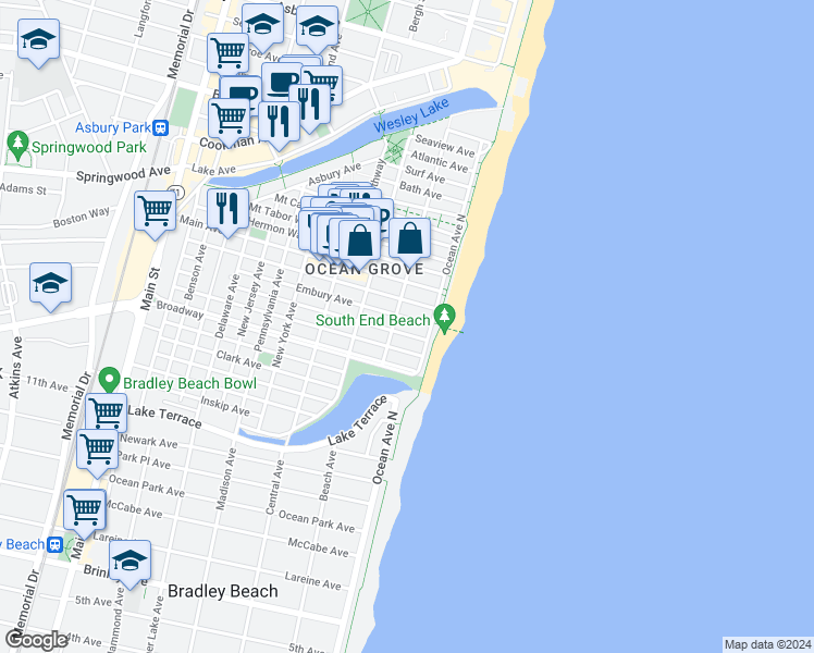 map of restaurants, bars, coffee shops, grocery stores, and more near 20 Embury Avenue in Neptune Township