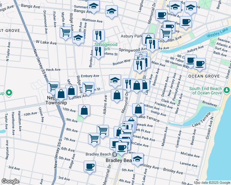 map of restaurants, bars, coffee shops, grocery stores, and more near 1126 Corlies Avenue in Neptune City