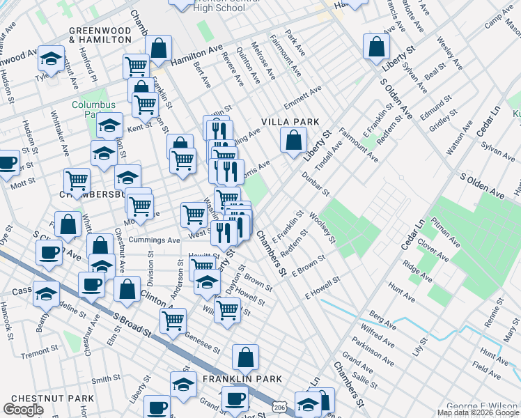 map of restaurants, bars, coffee shops, grocery stores, and more near 1046 Chambers Street in Trenton